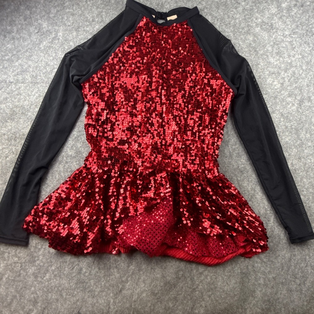 Balera Red Sequin Peplum Dance Costume Mesh Long Sleeve XLA Kids